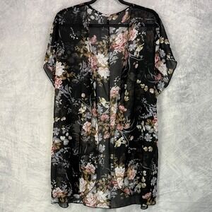 Womens Black Floral Sheer Kimono Cardigan Duster Lightweight cover-up sz M
